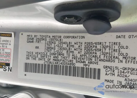 2004 Toyota 4Runner Sr5 V6 из США, поврежденный, VIN JTEBU14R140054890